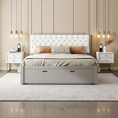 Grand lit plateforme avec rangement en bois gris avec tête de lit, étagère à chaussures et tiroirs