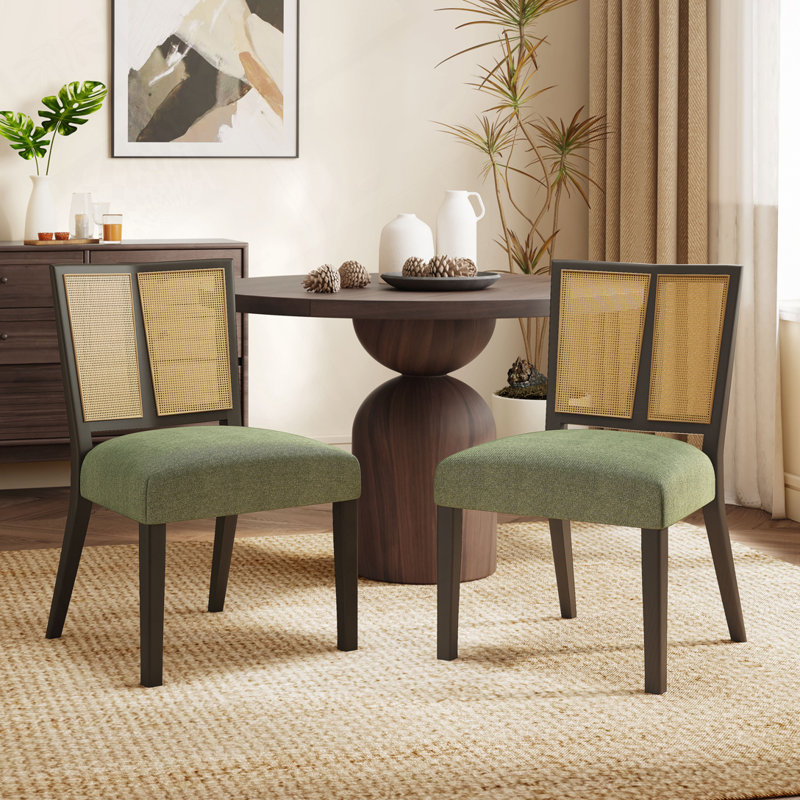 Callan Mid-Century Modern Dining Chairs With PE Rattan Backs, Dark Brown, Green