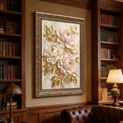 Art mural en toile noyer doré encadré pour le salon, la chambre à coucher, le bureau ou le vestibule - décoration murale décorative avec or floral