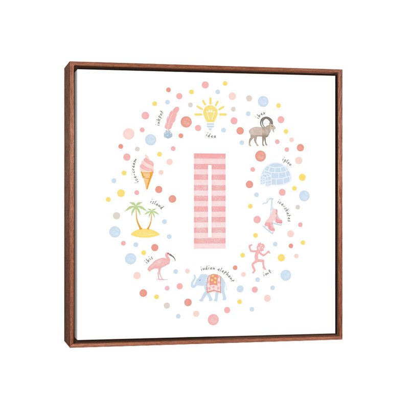 Lettre illustrée I rose - impression, Toile avec cadre brun, Pas de tapis, H 37 po x l 37 po x P 1,5 po