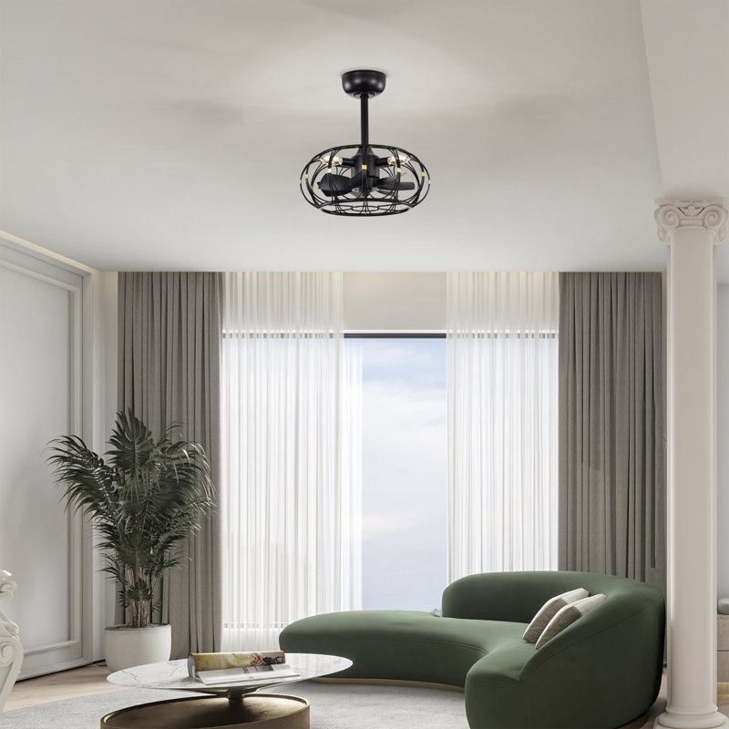 Ventilateur de plafond lumineux en cage Eoin avec télécommande 7 pales Fandelier, Noir mat, Noir mat