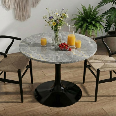 Modern Marble-Texture Round Table, Pedestal Base Coffee Table and Dining Table for 2–4 People, Suitable for Living Rooms, Apartments, and Cafés