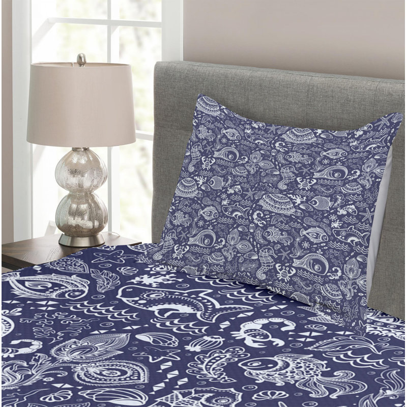 Navy Blue and White Twin Reversible Polyester Bedspread Set