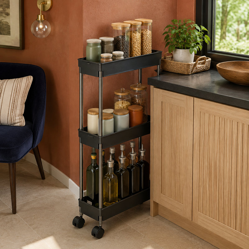 Armoire de rangement noire à 3 niveaux sur roulettes pour économiser de l'espace dans les bureaux, les salles de bain, les cuisines et les salles de lavage