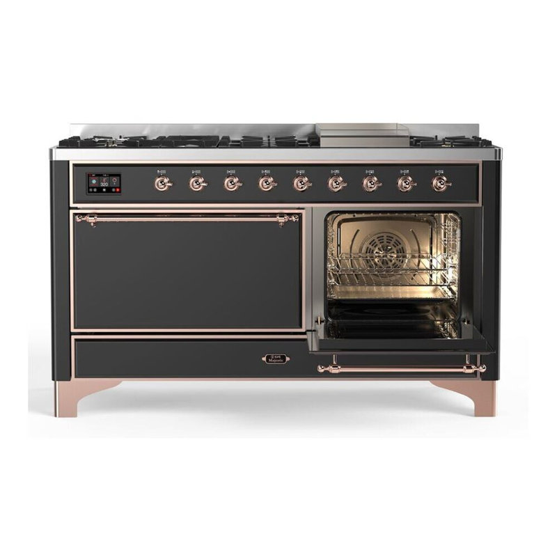 ILVE UM15FDQNS3BKCLP Majestic II 60 inch Dual Fuel Range with 9 Burners, Griddle (Liquid Propane, Solid Door, Glossy Black, Chrome)