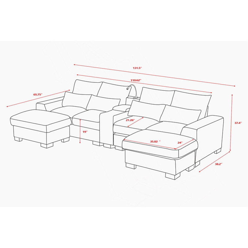Canapé modulaire moderne avec console, port de charge USB, lampe de lecture, porte-gobelet, Tissu beige