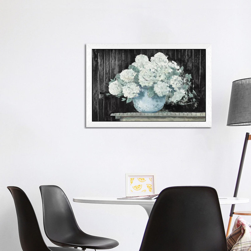 White Hydrangea On Black Crop - Painting on Canvas, 66.04 cm H x 45.72 cm W, White Floater Framed