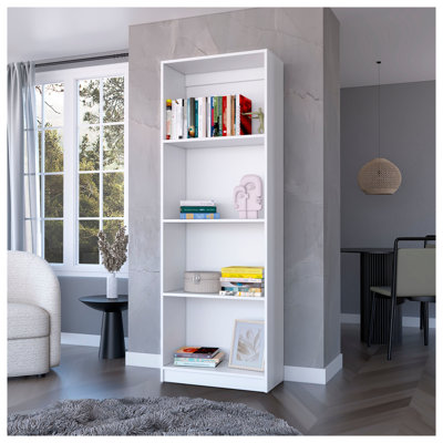 White 4-Tier Wood Storage Bookcase with Closed Back, 71.1"H Vertical Shelving Unit for Living Room