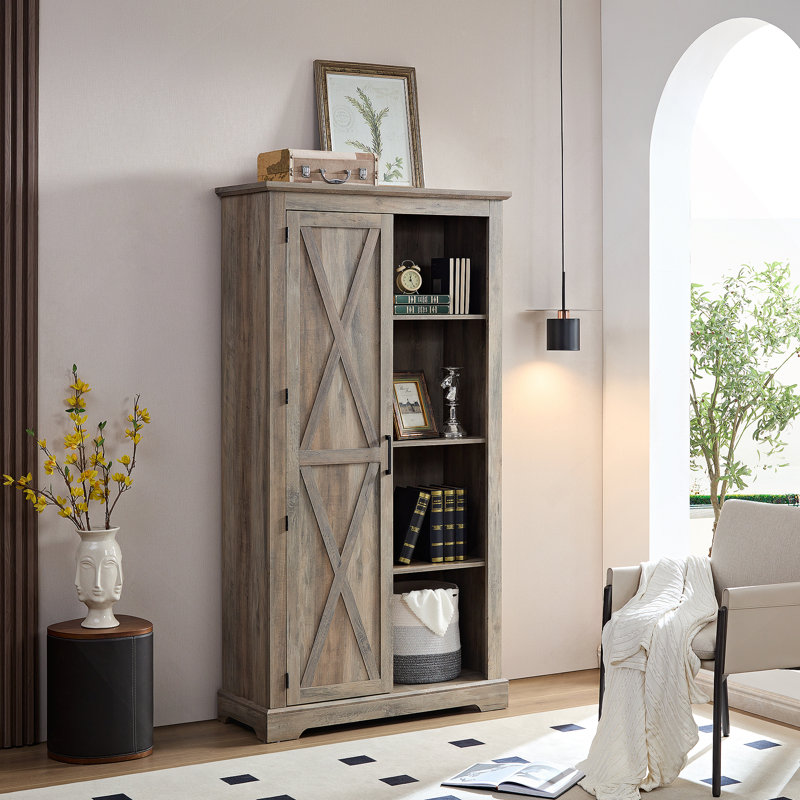 Élégant buffet à panneaux en bois massif et à base de bois avec présentoir ouvert, tiroirs et tablettes multiples pour un rangement organisé