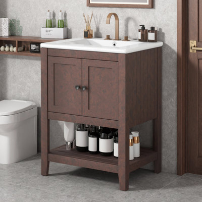24" Morandi Style Bathroom Vanity with Semilune Ceramic Sink, Open Bottom Shelf, Solid Birch Frame, Minimalist Design, 4" Centerset Faucet, Scandinavian Modern