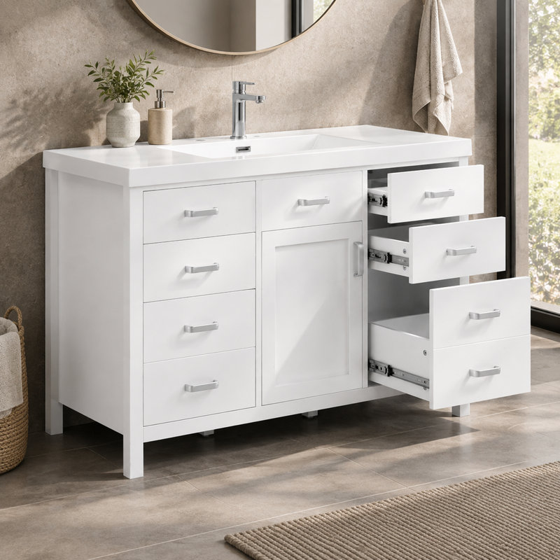 Meuble-lavabo de salle de bain de 120 cm (47,23 po) avec lavabo en résine, porte à fermeture amortie, 6 tiroirs, blanc