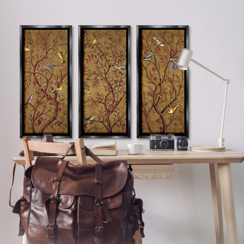 Ensemble de 3 toiles flottantes Regal Plum Tree avec oiseaux perchés par Rodolfo Jimenez, Cadre flottant noir de jais