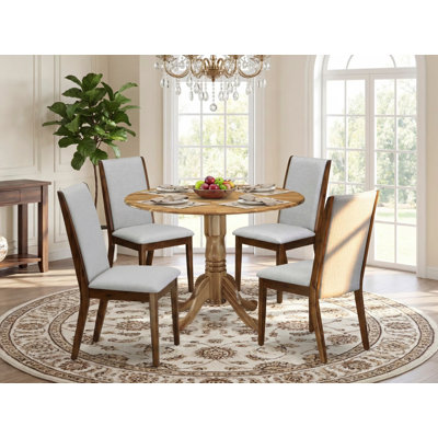 Ensemble de table de salle à manger 5 pièces comprenant une table ronde avec Dropleaf et 4 chaises Parson rembourrées en tissu gris, 42 x 42 pouces, naturel