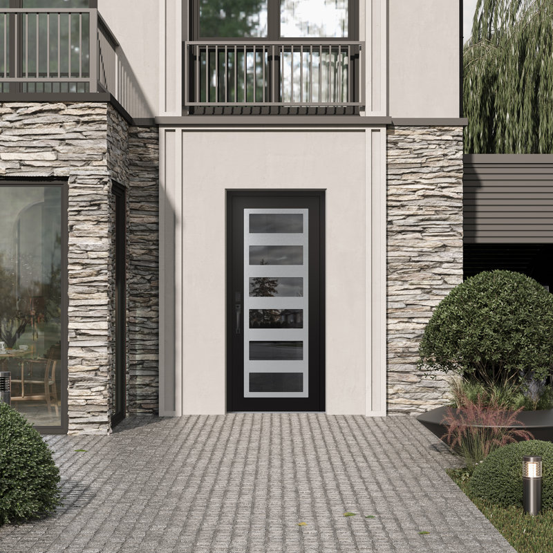C9 droite 36 po X 80 po Porte d'entrée avant à panneau en verre argenté noir et noir, Miroitant, Right Hand/Inswing