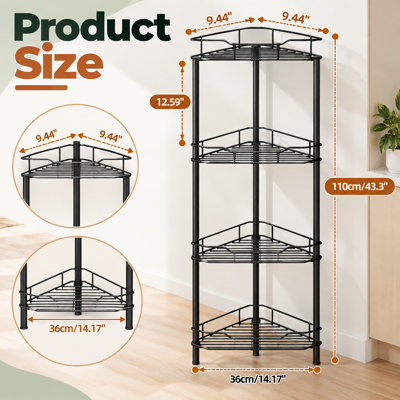 Étagère de douche d'angle à 4 niveaux sur pied, tablette de rangement d'angle en métal avec crochets pour salle de bain et cuisine