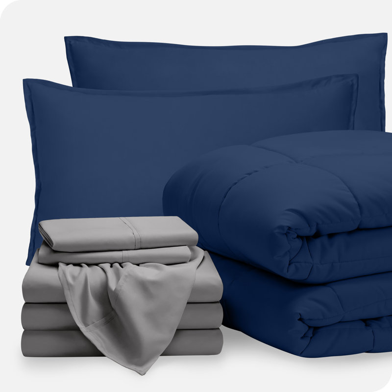 Microfiber Bed-In-A-Bag, Dark Blue/Light Gray, Split King Comforter + 7 Additional Pieces