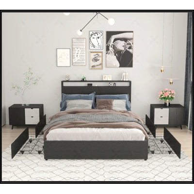Queen Bed Frame With Storage Headboard, Charging Station, LED Lights, And Easy Assembly, No Box Spring Needed