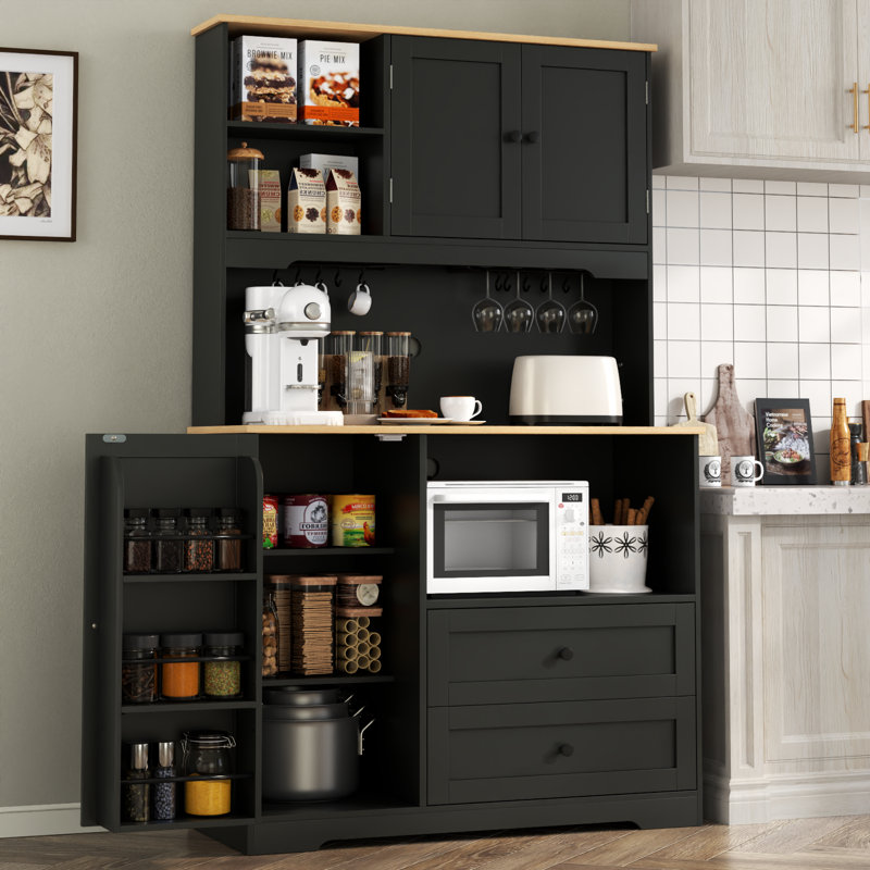 Armoire de rangement pour garde-manger avec support pour micro-ondes, Noir