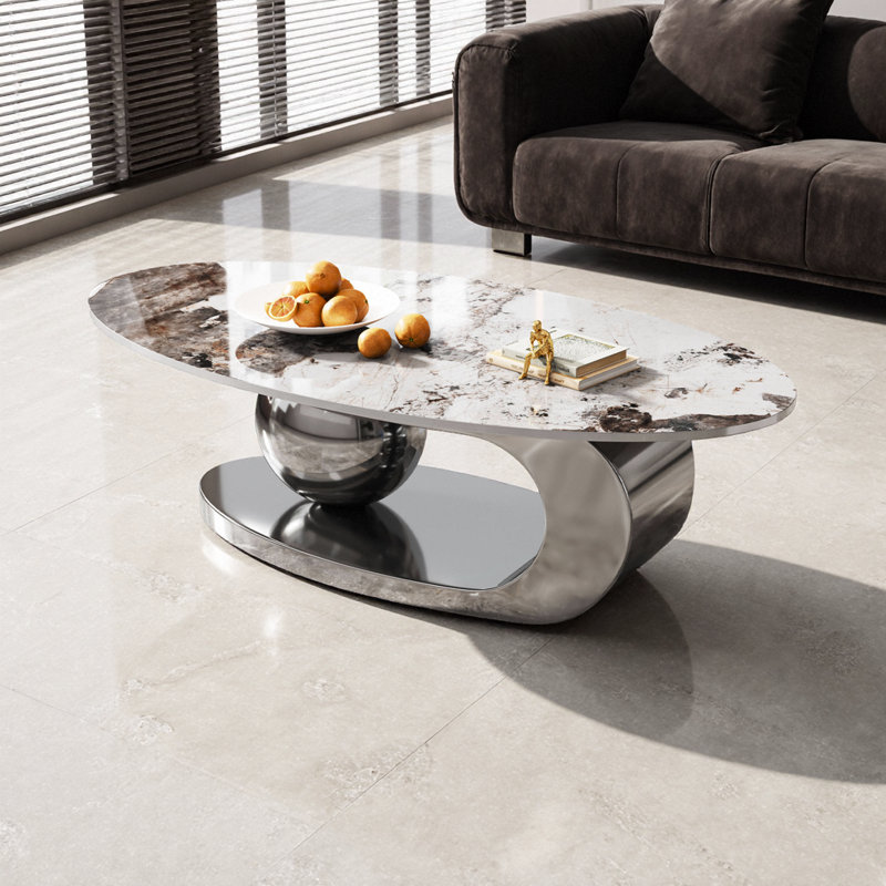 Table basse contemporaine contemporaine avec plateau en pierre frittée et base en acier inoxydable, Gris, blanc