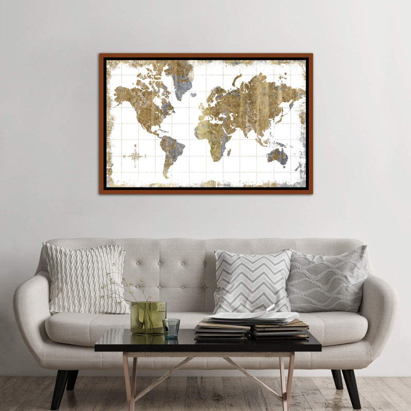 Carte dorée - impression d'art graphique, H 26 po x l 40 po x P 1,5 po, Toile avec cadre en bois classique