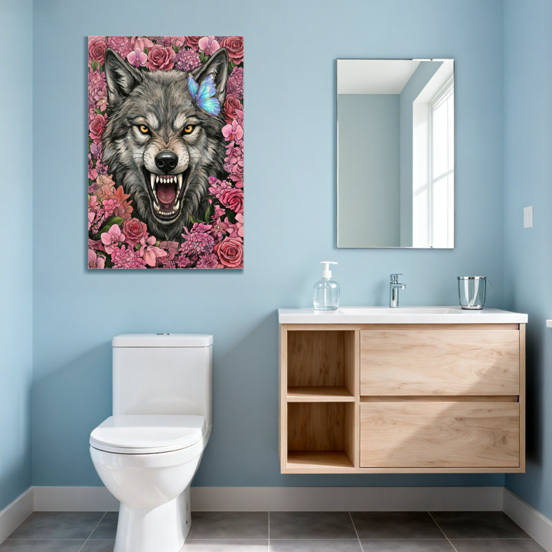 Animaux loup avec fleurs et papillon, H 30 po x l 20 po
