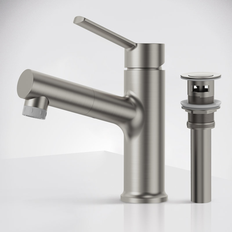 Pull-Out Bathroom Faucet, Single Handle Bathroom Sink Faucet with Drain Assembly, Brushed Nickel
