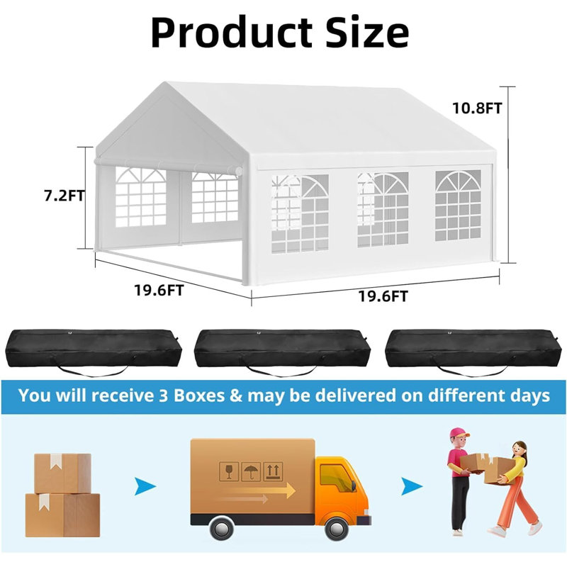 Durable Heavy Duty Outdoor Party Tent, Removable Sidewalls, 129.6" H x 235.2" W x 235.2" D