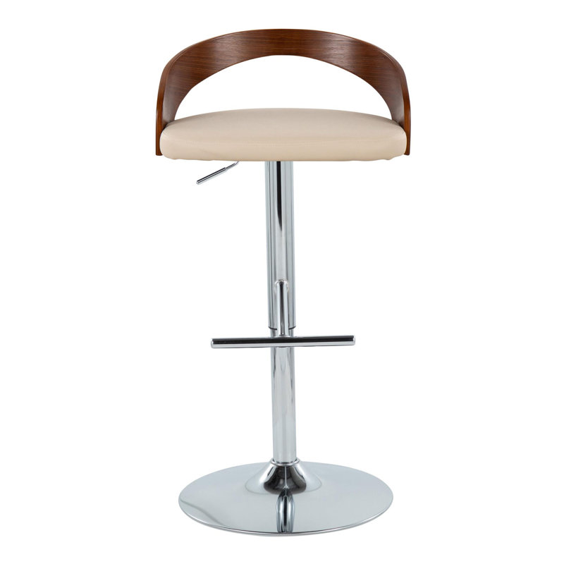 Walnut and Chrome Adjustable Swivel Barstools with Beige Upholstery