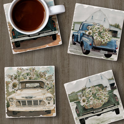Ensemble de 4 sous-verres en pierre roulés Farming Camions