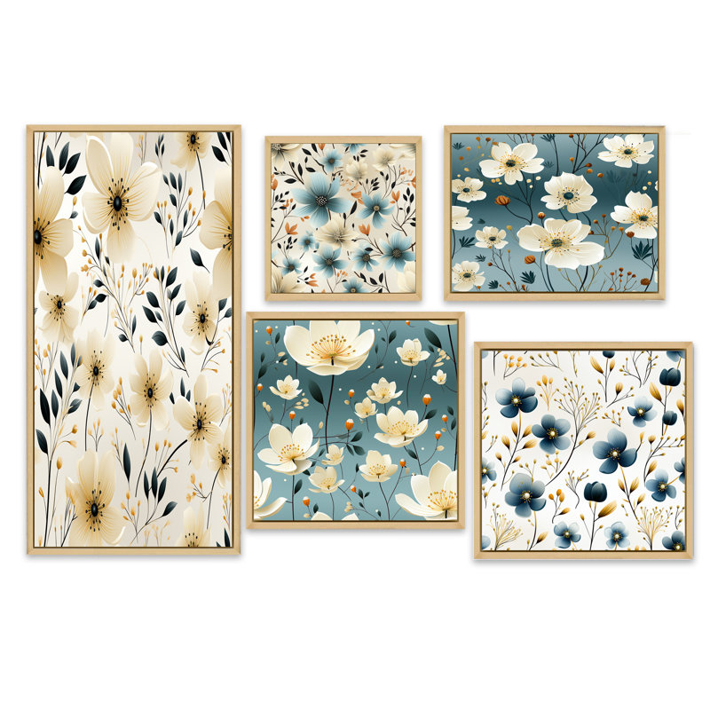 Penman - ensemble de 5 reproductions d'art sur toile florale, Cadre flottant brun