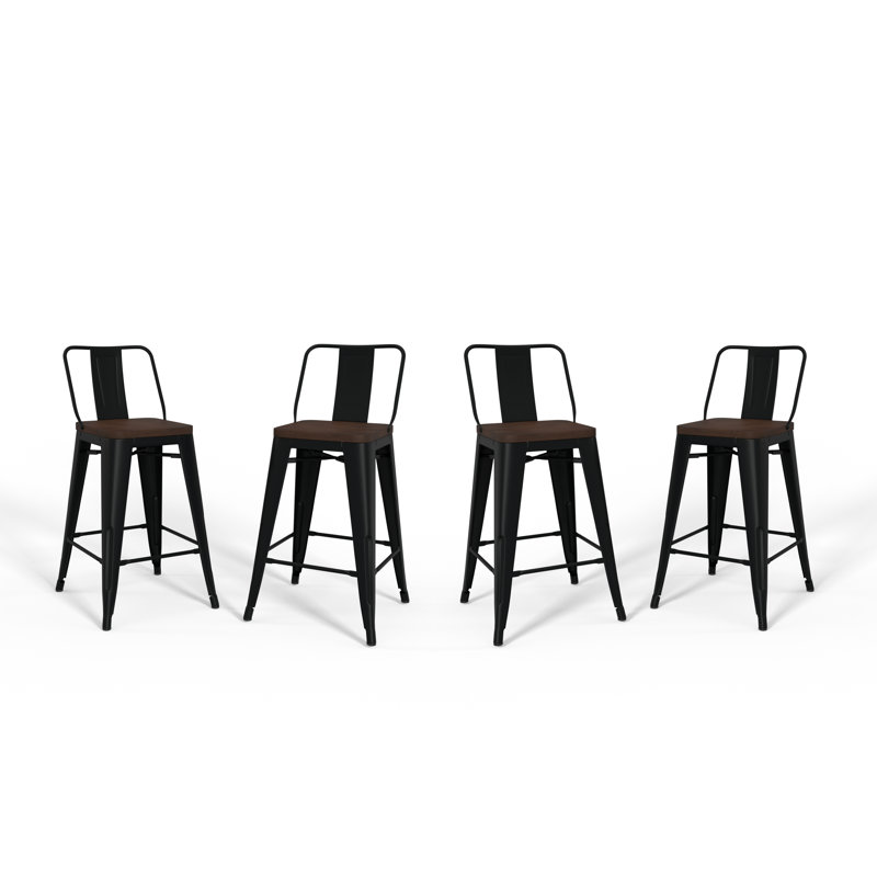 Tabouret en bois massif et métal Rayne, Noir, Tabouret de comptoir (siège d'une hauteur de 24,0, 4