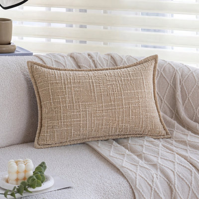 Chenille Lumbar Throw Pillow Cover 12X20 Inches, Soft Textured Cozy Decorative Cushion Case For Sofa Bed Couch, Modern Farmhouse Boho Home Decor, Warm Beige