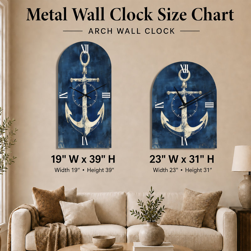 Horloge murale en métal de style arche nautique « Ancre dans les profondeurs indigo I », 39" H x 19" W - Arch