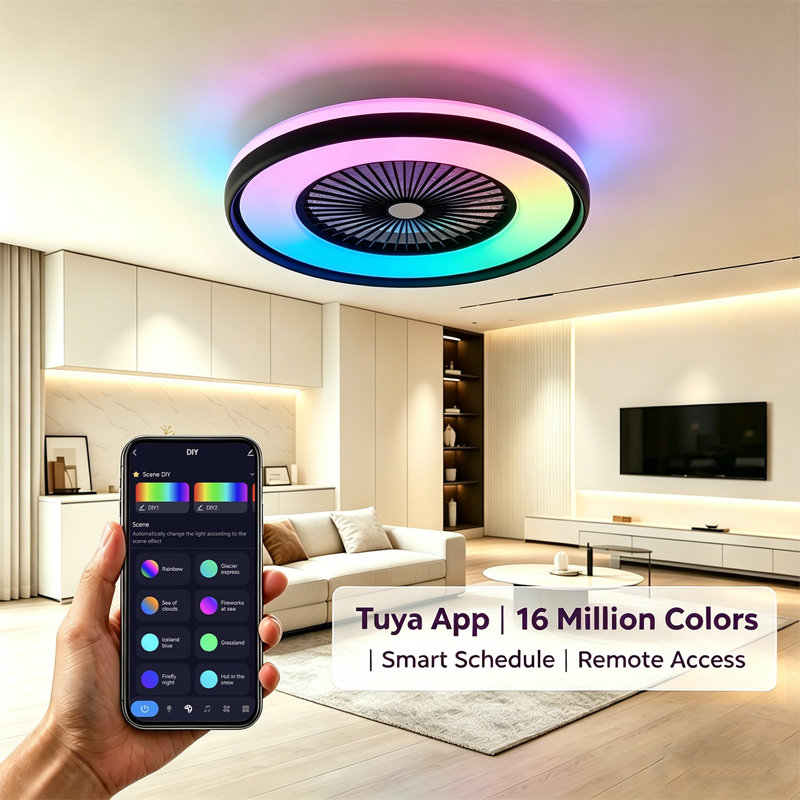 Makaiyla 24" Dimmable RGB LED Indoor Ceiling Fan Lights with Remote/APP Control, 6 Speeds, Timer, Quiet DC Motor, Black