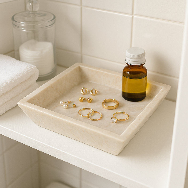 Creative Home Natural Champagne Marble Boat Shaped Candle Holder Tray Accessory Organize Tray Bathroom Countertop Organizer