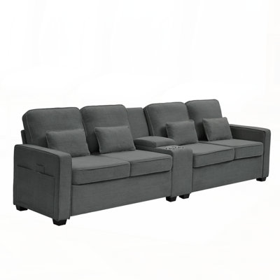 Canapé en bois massif durable avec 4 coussins et tissu en lin pour une assise confortable
