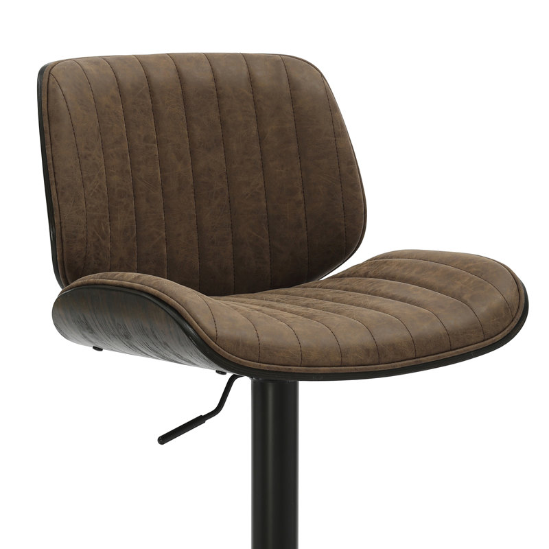 Westerfield Adjustable Swivel Vintage Dark Brown Curved Back Wood Bar Stool With Faux Leather Seat, Dark Brown