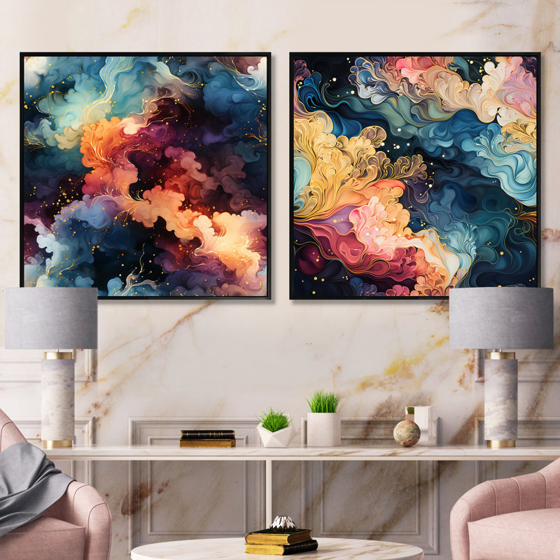 Cynthea - Ensemble de 2 collages abstraits carrés, Cadre flottant noir, H 16 po x l 33 po