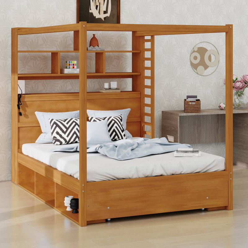 Cadre de lit à baldaquin avec tête de lit bibliothèque, port USB, éclairage DEL et rangement sous le lit, Double, Walnut