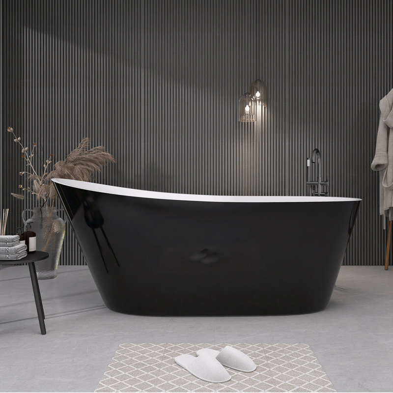 Acrylic Freestanding Soaking Bathtub 59'' x 29'' Single Slipper Stand Alone Bathroom Tub with Side Drain, Glossy Black
