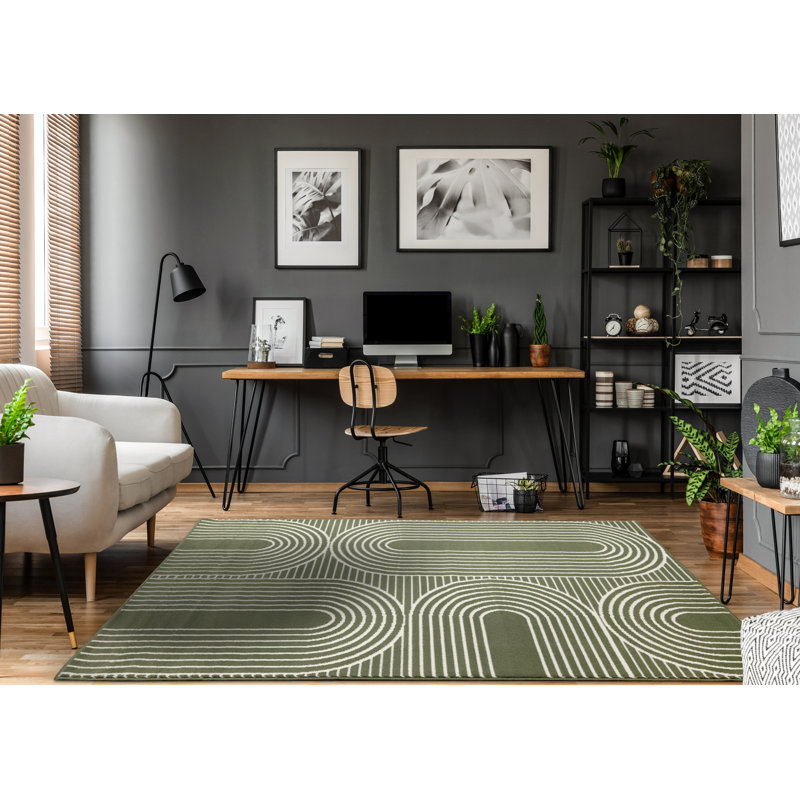 Fresno Green Cream Curves High-Traffic Area Rug, Rectangle 7'9" x 10'6"