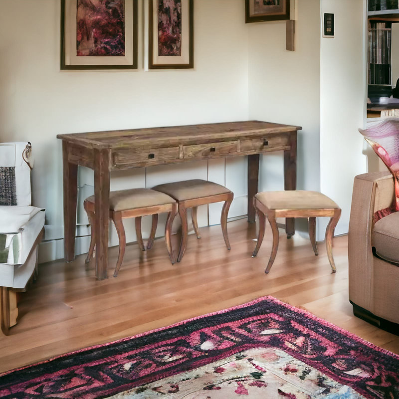 Jae Sofa Table, Console Table with 3 Upholstered Stools, Made with Solid Wood, 76x22x36