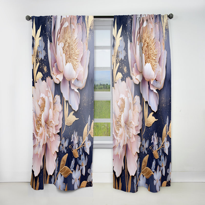 Pink Retro Peonies On Blue - Floral Velvet Curtain - 1 Panel, 52" W x 63" L