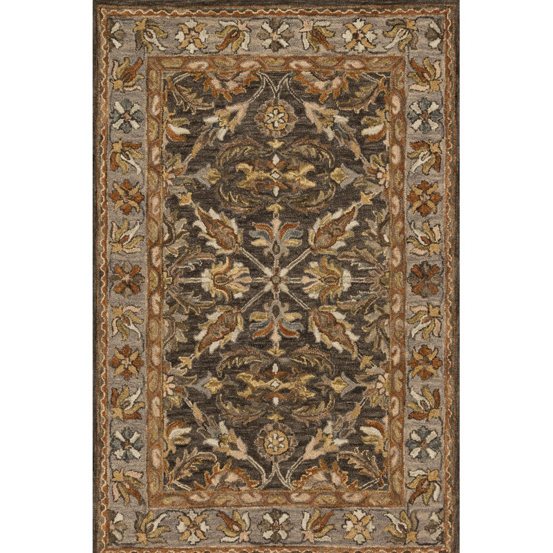 Tapis oriental en laine gris, rouille et ivoire crocheté à la main Ryler, Rectangle 7 pi 9 po x 9 pi 9 po
