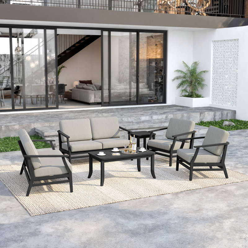 Polett Teak Outdoor Six-person Patio Set With Cushions And Two Tables, Light Camel, Black