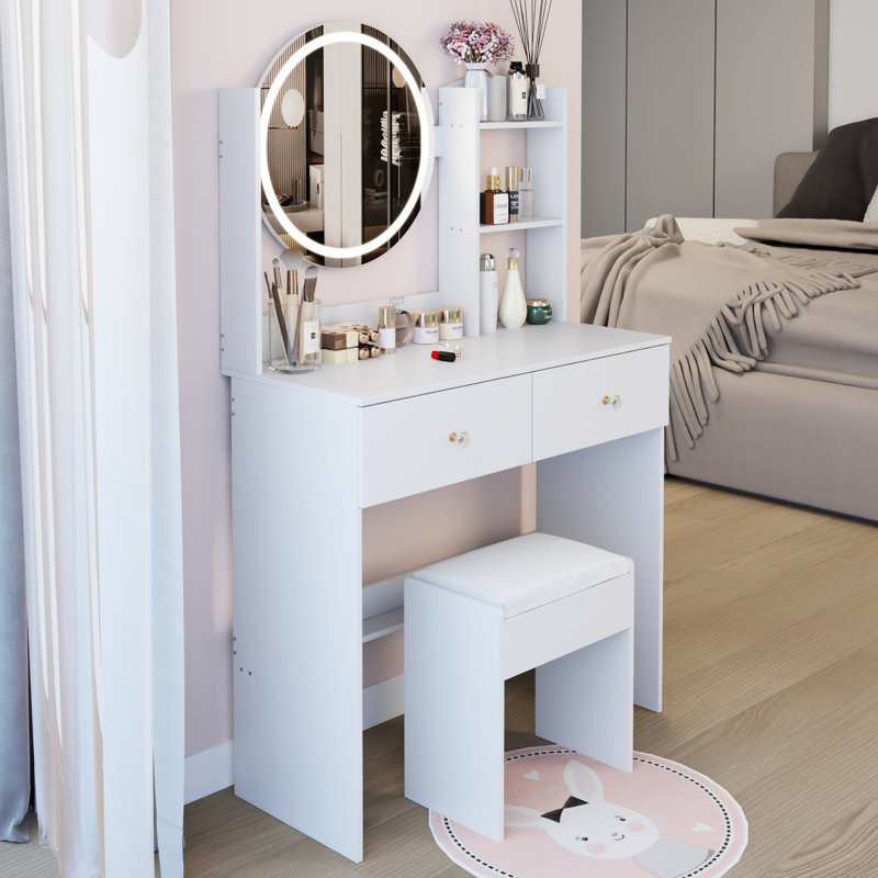 Table de coiffeuse, miroir rond à DEL de 17 po, éclairage réglable à 3 couleurs, tabouret doux, grand rangement multicouche, conception américaine, fabrication blanche, étagères confortables, petits salons, style,