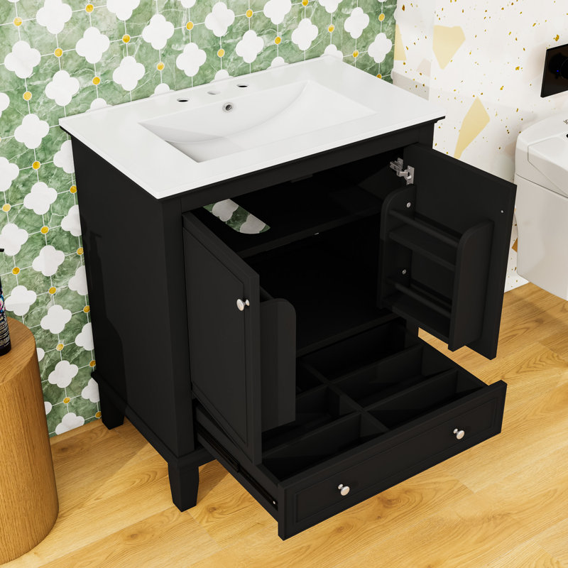 Bathroom Vanity with Ceramic Sink and Drawer, Freestanding Cabinet with Adjustable Shelf