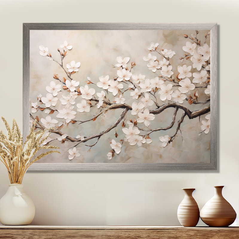 Minimalisme blanc et gris Cherry Blossom III - art mural Cherry Blossom, Cadre argenté, H 16 po x l 32 po x P 1 po
