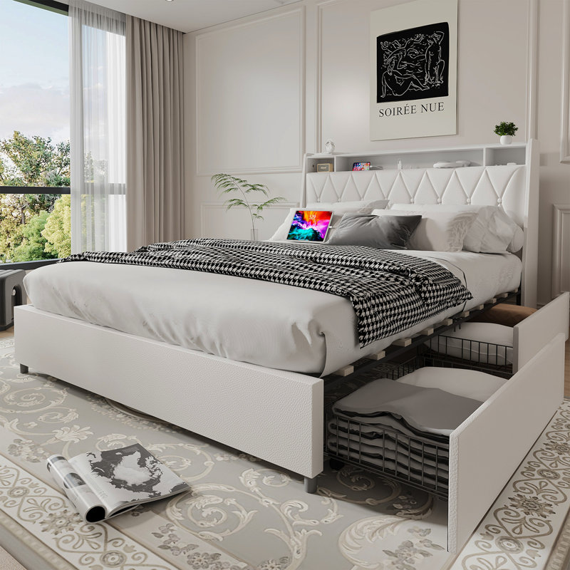 Cadre de grand lit avec tête de lit ergonomique, cadre de lit plateforme grand avec prises et chargeur, cadre de lit en métal grand avec tablette de rangement, silencieux, aucun sommier nécessaire