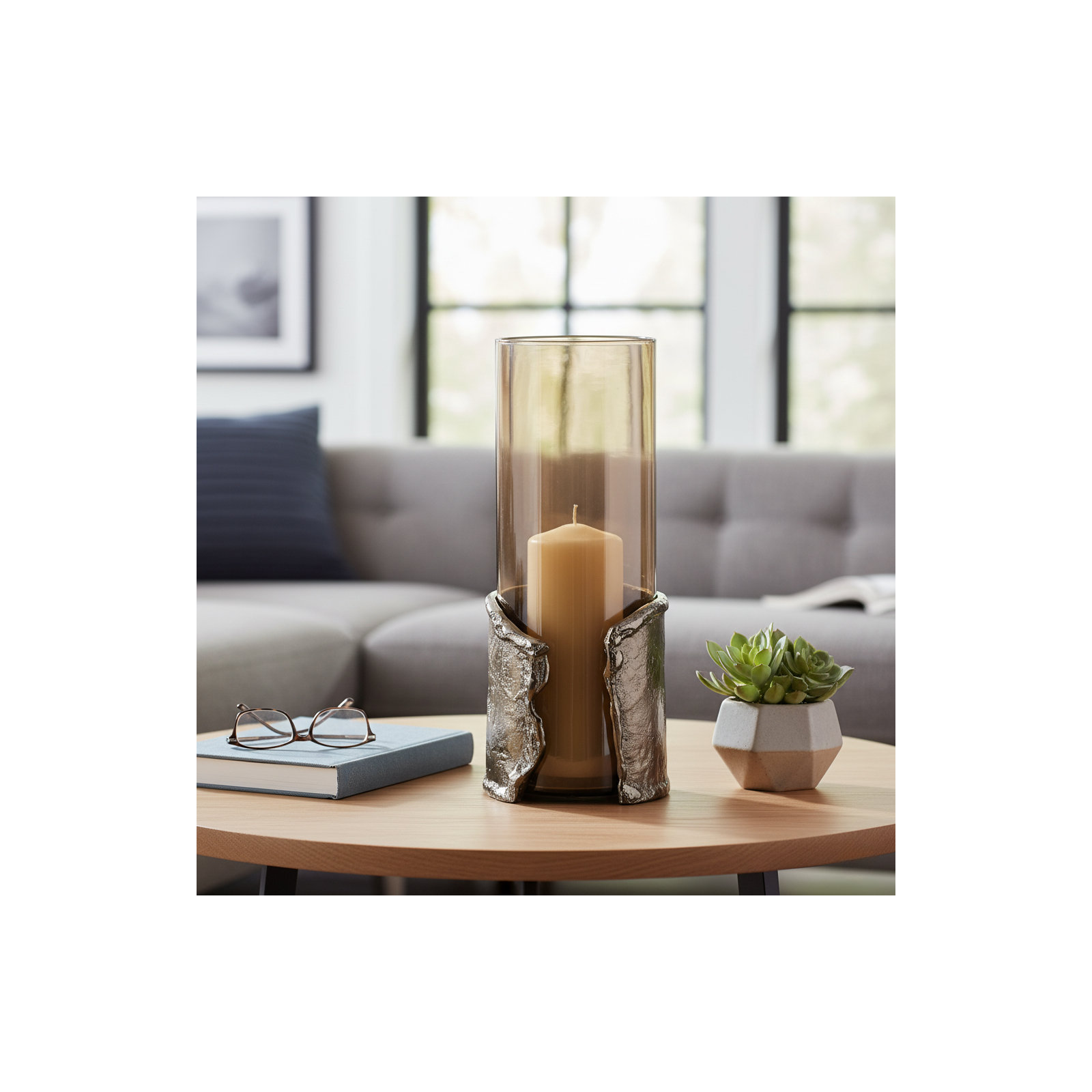  Maputo Medium Candle Holder Glass, Brown, 15" H x 6" W x 6" D
